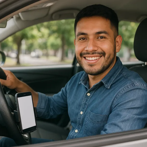 Conductor joven dentro de su auto con el celular en el soporte