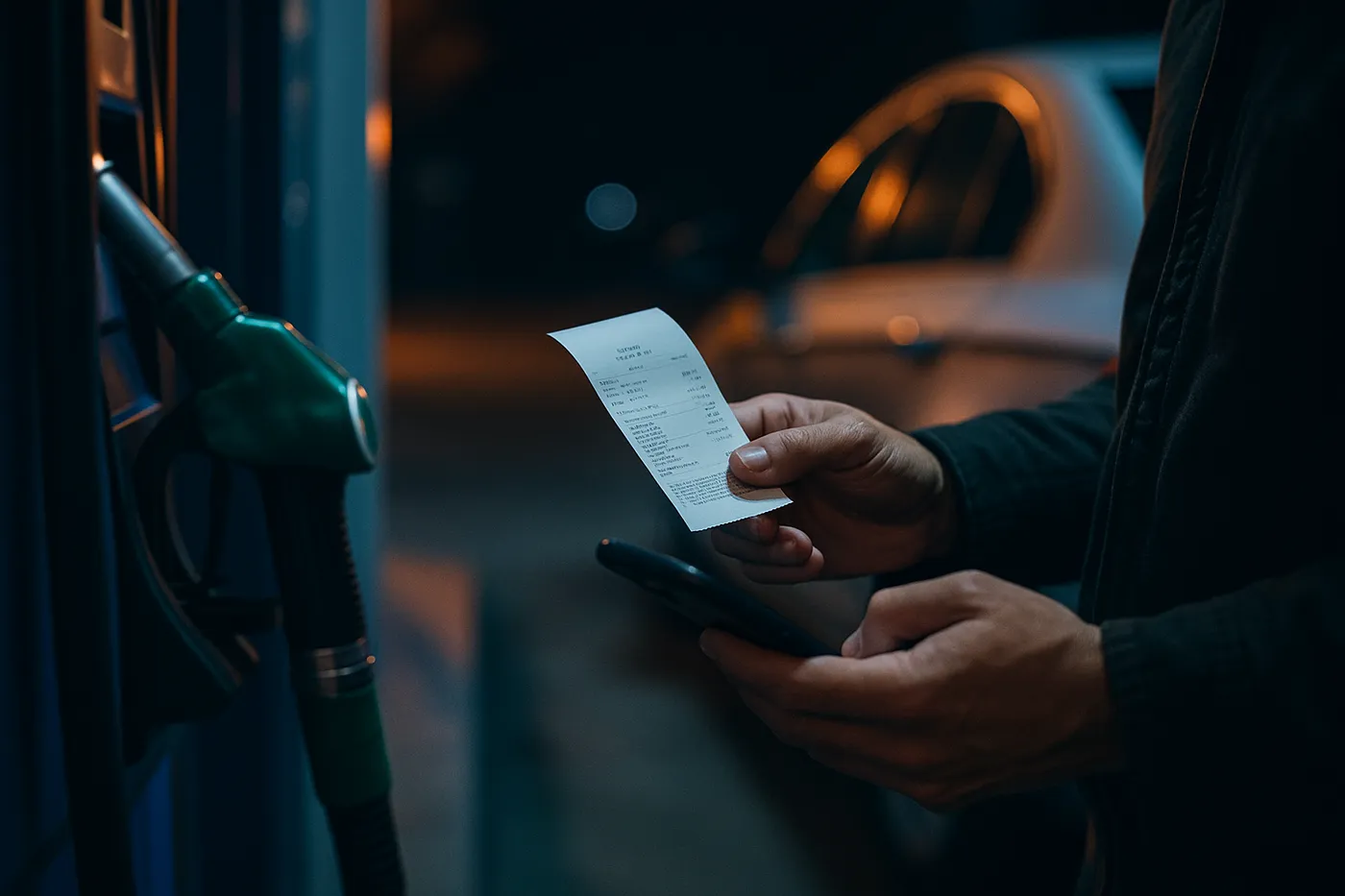 Manos sosteniendo un ticket de gasolina junto a la bomba