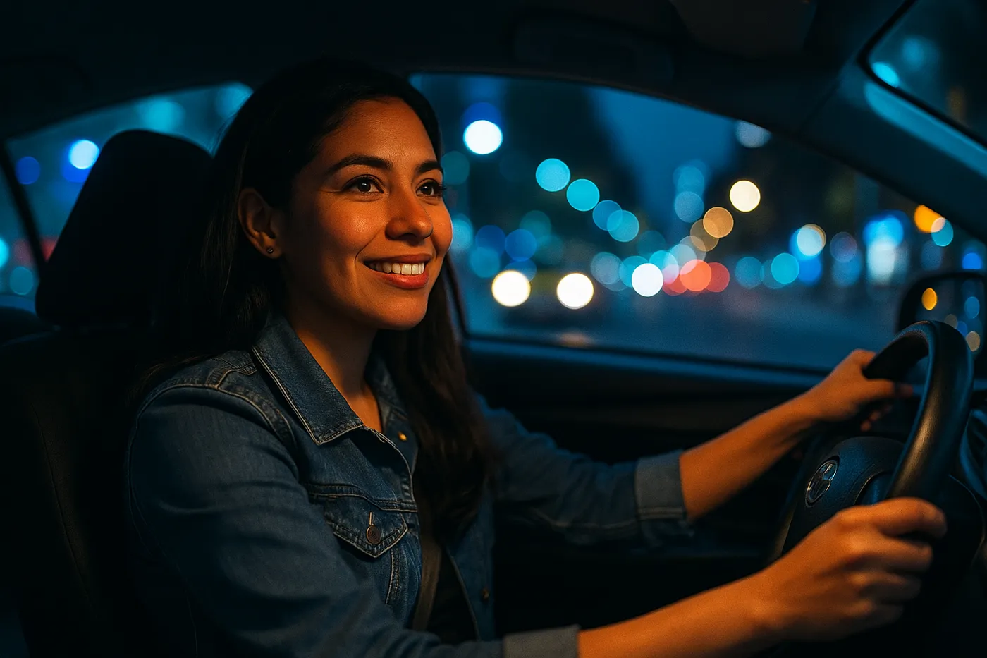 Una conductora sonríe al volante de su auto de noche, con las luces de la ciudad detrás