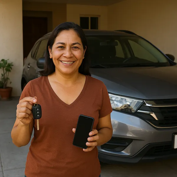 Mujer junto a su auto familiar con las llaves en la mano