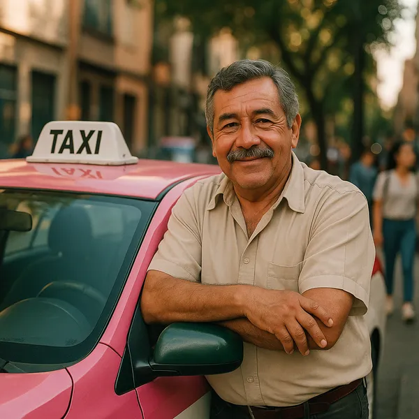 Taxista sonriente recargado en la puerta de su taxi