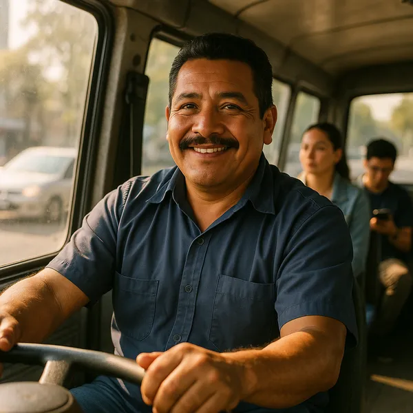 Chofer de transporte público al volante de un microbús